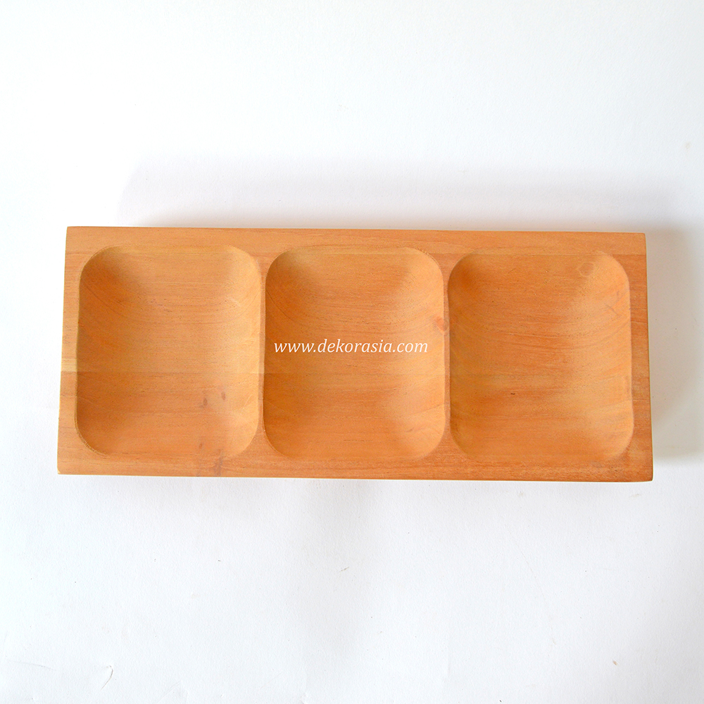 Natural Wood Rectangular Tray with 3 Compartment, Wooden Serving Tray - Image 2