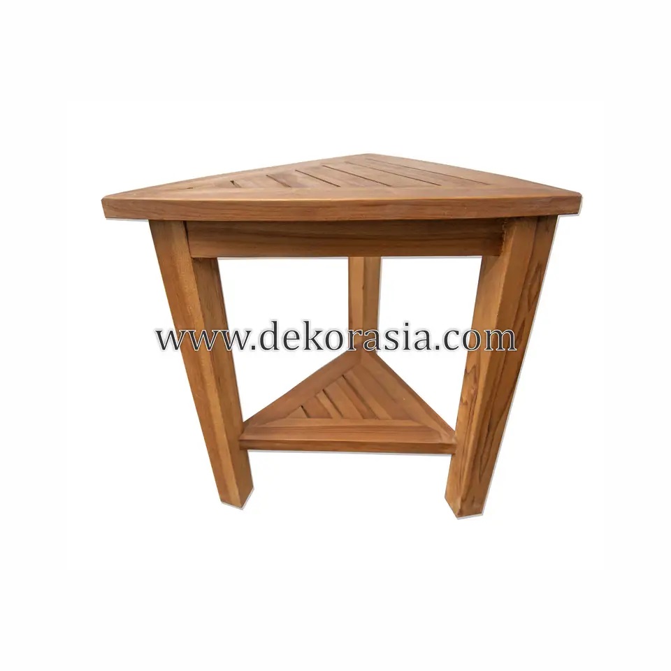 Natural Teak Corner Bench 2 Layer Bathroom Triangle Shaped with Shelf, Waterproof Shower Stool - Image 4