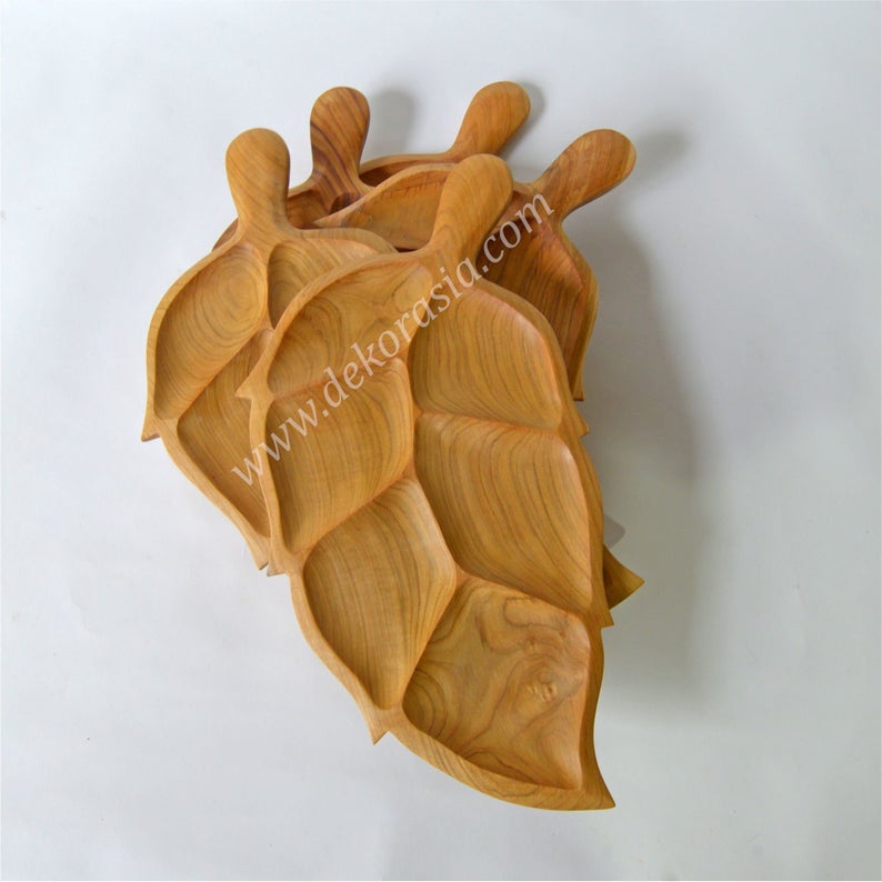 Teak Wood Plates Leaf Shaped, Dinnerware Set Dishes & Plates Serving - Image 1