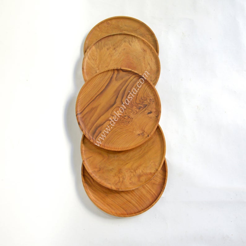 Teak Wood Round Plate Diameter 9.8 to 13.8 inches, Dinnerware Set Dishes & Plates - Image 1