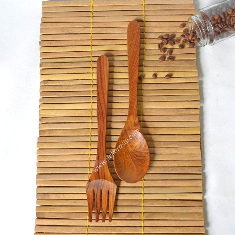 Teak Wooden Spoon and Fork Length 12.2 Inches, Wood Spoon and Fork Kitchenware - Image 1