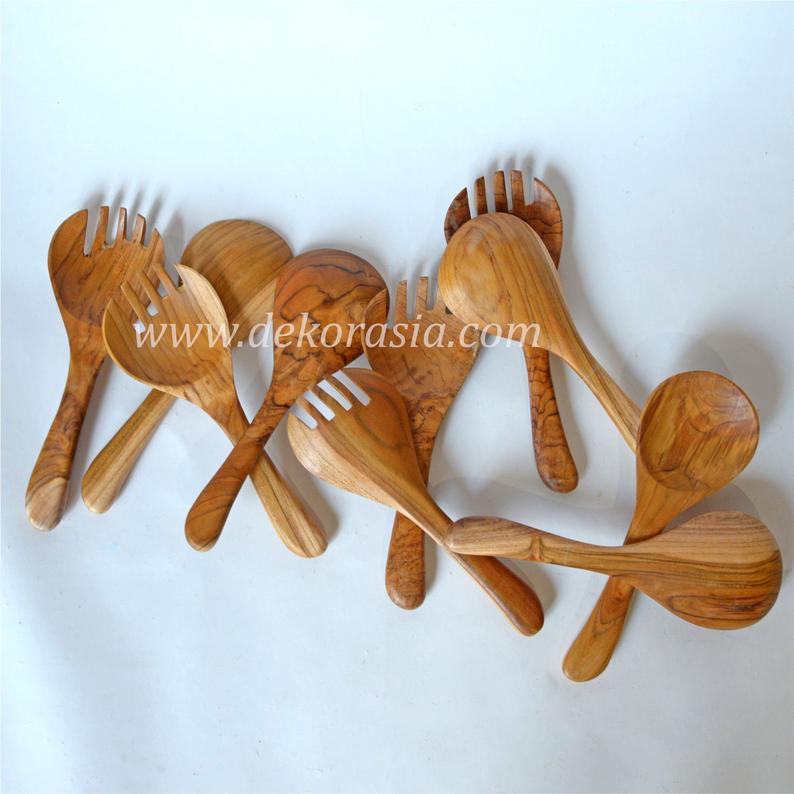 Teak Wooden Spoon and Fork Round Type Length 12.2 Inches, Wood Spoon Wood Fork - Image 2